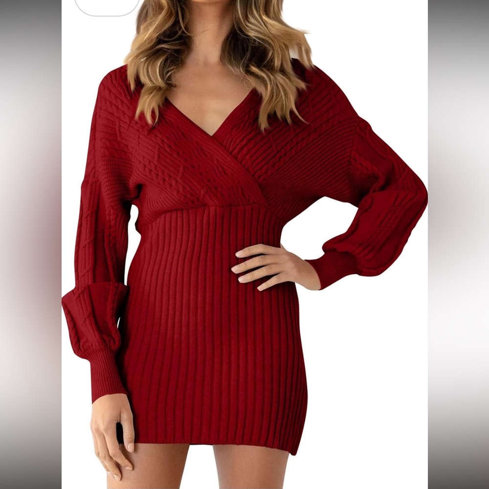 Burgundy Bodycon Cable Knit Latern Sleeve Sweater Dress